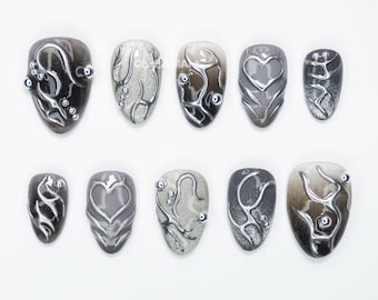 Ongles abstraits noirs chromés, oeuvres d'art sculpturales pour ongles, Ongles en gel métallisé, Ongles futuristes, Ongles gothiques chromés ZU0O6