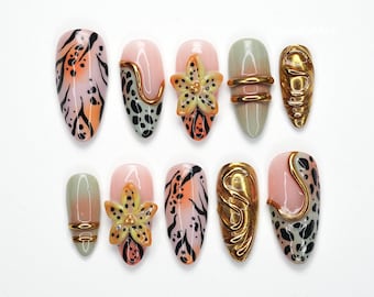 Tropical Animal Print Press On Nails, Gold Accent Nails, Safari Nail Art, 3d Floral Nails, Coral Leopard Design LB0O6
