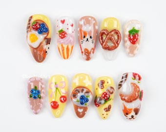 Uñas postizas con diseño de animales de panadería y cafetería, lindos diseños de uñas de gatos, uñas 3D con diseño de postres, diseño de pasteles de frutas, uñas estilo kawaii ZM1W9