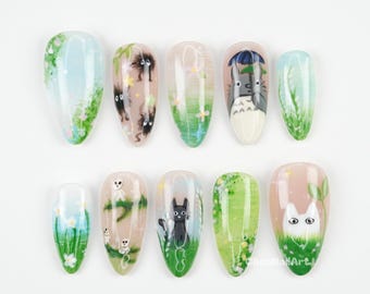 Ghibli Forest Art Press On Nails, Studio Ghibli Nails, Anime Character Design, Kawaii Press Ons, Cottagecore Nail Art TNZW9