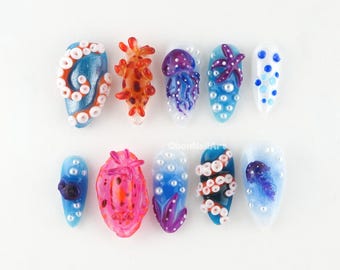 Ocean Creature 3d Press On Nails, Under the Sea Nails, Nautical Nail Art, Unique Ocean Nails, Marine Theme Nails D21W9