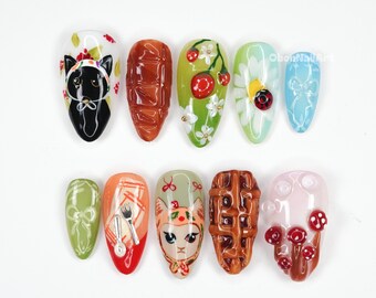 Uñas postizas con diseños pop de arte caprichoso, uñas con lindos animales, uñas con dibujos animados de comida, uñas postizas con temática de naturaleza, arte de uñas kawaii 3D JHXW9