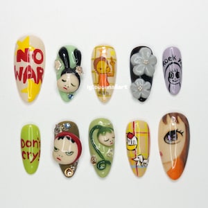 Nara Yoshimoto Press On Nails, Malowane ręcznie paznokcie artystyczne, Współczesna japońska ilustracja, Popkulturowa sztuka paznokci, Emocjonalny projekt paznokci OB34