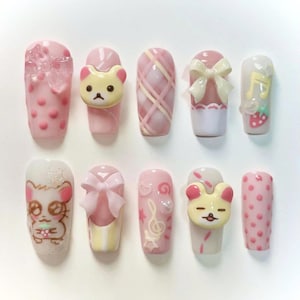 Uñas postizas con diseño de oso, lazo rosa pastel, notas musicales 3D, dibujos kawaii, estilo chica dulce y suave