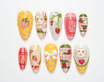Strawberry Bunny Pastel Press On Nails, Cute Korean Nails, 3d Kawaii Nail Art, Bunny Strawberry Design, Yellow Pink Nails PJXW9