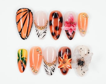 Tropical Safari Art Press On Nails, Butterfly Nail Art, Zebra Print Nails, 3D Flower Nails, Summer Nail Set DEZW9