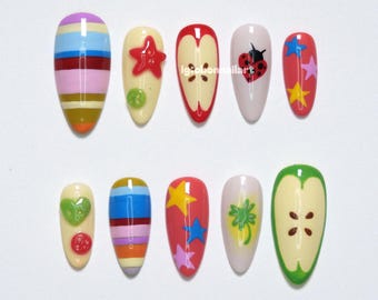 Retro Apple Ladybug Press On Nails, Colorful Stripe Nail Art, Cute Star 3D Nails, Clover Kawaii Nail Design, Handmade Fun Nail Tips OB36