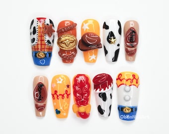 Cowgirl Western Press On Nails, Wild West Nail Art, Toy Western Nails, Cow Print Nails, 3d Cowboy Nails, Rodeo Theme Nails PN0O6