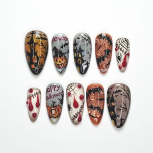 Halloween House Press On Nails, Spooky Nails, Pumpkin Bat Nails, Spider Web Nails, Creepy Gothic Press On Nails