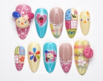 Kawaii Pastel Character Press On Nails, 3d Cute Nails, Anime Aesthetic Nails, Cartoon Art Nails, Colorful Kawaii Nails FMXW9