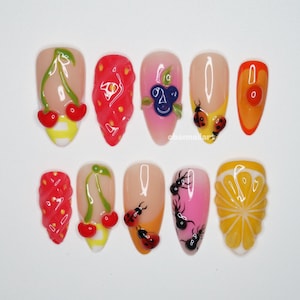 Summer Fruit Bug 3D Press On Nails – Cherries Strawberries Blueberries Ladybugs Ants – Hand‑Painted Almond Set