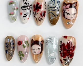 Mystic Muse Press On Nails, Hand-Painted Japanese Face Art, Red Florals & Calligraphy Accents OB61