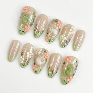 Kitty Blossom Pastel Press On Nails, Kawaii, 3D Floral Art, Sage Beige, Fairycore, Cat Lover Gift, Spring RQWCC - image 2