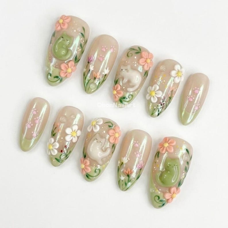 Kitty Blossom Pastel Press On Nails, Kawaii, 3D Floral Art, Sage Beige, Fairycore, Cat Lover Gift, Spring RQWCC - image 2