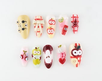Uñas postizas con forma de manzana, uñas kawaii, uñas con diseño de frutas, uñas con diseño de animales, uñas 3D, uñas postizas coloridas JZ1W9