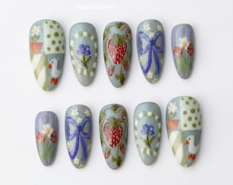 Strawberry Duck Cottagecore Press On Nails, Hand Painted Nails, Cottagecore Nails, Strawberry Nails, Duck Nail Art PD6W9