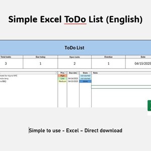 Può includere: Un modello di lista di cose da fare semplice in un foglio di calcolo Excel con un'intestazione blu e un'icona di Excel verde. Il foglio di calcolo ha colonne per il numero totale di attività, quelle da completare oggi, quelle aperte, quelle scadute e la data. La data è 04/15/2025. Il foglio di calcolo ha un elenco di attività di esempio con un'attività intitolata "Chiama lo zio Jarry" con una priorità bassa e una data di scadenza del 04/14/2025. L'attività è contrassegnata come non iniziata.