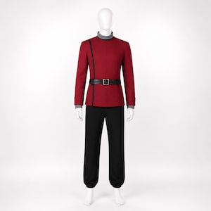 Completo da uniforme fantascientifica bordeaux fatto a mano, giacca da comando rossa per cosplay con pantaloni neri, colletto e polsini a coste, outfit spaziale retrò