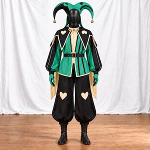 Heart Jester Costume Set, Green Black Harlequin Fool Outfit, Balloon Pants Bell Hat, Medieval Theater Faire Cosplay