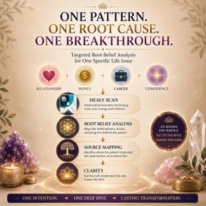 May include: An informational graphic titled ONE PATTERN. ONE ROOT CAUSE. ONE BREAKTHROUGH. It outlines a four-step process: HEALY SCAN, ROOT BELIEF ANALYSIS, SOURCE MAPPING, and CLARITY. Icons represent relationship, money, career, and confidence.