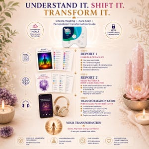 Lettura dei chakra e scansione dell'aura + Guida di trasformazione personalizzata / Analisi degli schemi di credenza / Meditazione audio personalizzata
