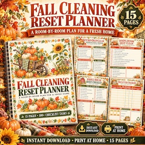 May include: A spiral-bound Fall Cleaning Reset Planner with 15 pages, featuring a cover illustration of a wooden wheelbarrow filled with pumpkins and sunflowers. Includes interior checklist pages for kitchen, dining room, and whole house cleaning tasks.