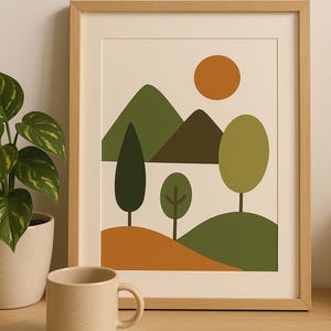 Minimalist Nature Terracotta Landscape Poster | Mountain and Forest Digital Wall Art | Modern Scandinavian Style Illustration