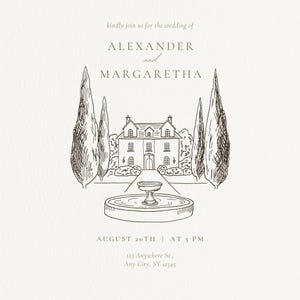 Dibujo de lugar personalizado, ilustración de lugar de boda, retrato de lugar de boda, boceto de invitación de boda, descarga digital, regalo hecho a mano
