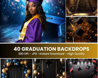 May include: A collage of graduation backdrops. The image features a graduate in a purple gown and cap, and several backdrop designs with balloons, curtains, and floating graduation caps. Text reads "40 GRADUATION BACKDROPS".