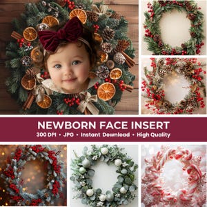 50 Christmas Newborn Face Insert Bundle – Baby Wreath Composite Backdrops (JPG, 300 DPI)