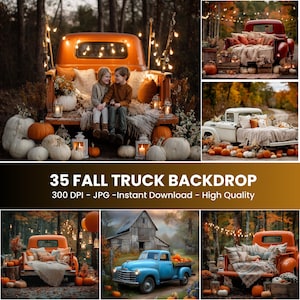 May include: A collage of fall-themed images featuring vintage trucks decorated with pumpkins, pillows, and blankets. The trucks are in various colors, including orange, red, and blue, and are set in outdoor scenes. Text on the image reads "35 FALL TRUCK BACKDROP".