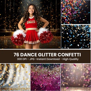Könnte beinhalten: Ein digitaler Download von 76 hochwertigen JPG-Bildern mit verschiedenen Konfetti- und Glitzerhintergründen. Die Bilder haben eine Auflösung von 300 DPI und eignen sich perfekt für Tanz, Cheerleading oder jede andere festliche Veranstaltung.