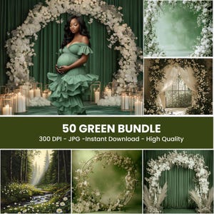 May include: A bundle of 50 green digital backdrops for photography. The backdrops feature a variety of green foliage, flowers, and arches. The backdrops are perfect for creating a variety of green themed photoshoots.