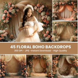 Pode incluir: 45 Cenários Boho Florais - 300 DPI - JPG - Download instantâneo - Alta qualidade. Uma coleção de cenários digitais com arranjos florais, tecidos drapeados e um fundo rústico.