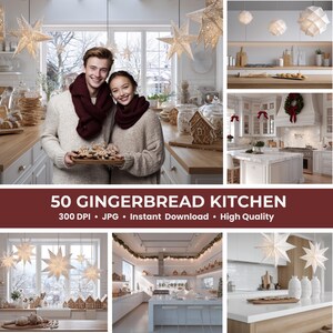 May include: A couple in a kitchen holding a tray of gingerbread cookies. The kitchen has wooden countertops, white cabinets, and star-shaped lights. The image includes the text "50 GINGERBREAD KITCHEN".