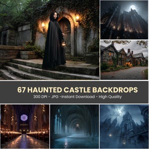Pode incluir: Imagem composta com 67 fundos de castelos assombrados. A imagem principal mostra uma pessoa com uma capa preta e uma lanterna. Outras imagens incluem arquitetura gótica e cenas atmosféricas.