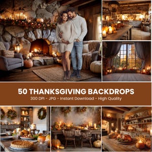 Könnte beinhalten: Eine Collage von Thanksgiving-Themen-Hintergründen. Die Bilder zeigen gemütliche Innenräume mit Kürbissen, Kerzen und Herbstlaub. Ein Bild zeigt ein Paar, das sich vor einem Kamin umarmt. Der Text lautet "50 THANKSGIVING BACKDROPS".