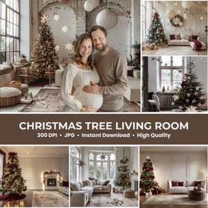May include: A collage of images showcasing Christmas tree decorations in a living room setting. The images include decorated Christmas trees, a couple, and living room furniture. Text on the image reads "CHRISTMAS TREE LIVING ROOM".