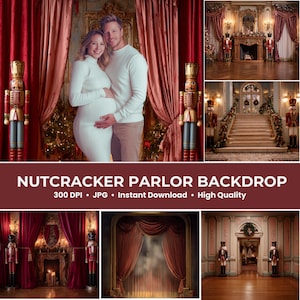 Puede incluir: Un telón de fondo navideño con una pareja, cortinas rojas y figuras de cascanueces de madera. El fondo está etiquetado como "Nutcracker Parlor Backdrop". La imagen incluye un árbol de Navidad y una chimenea.