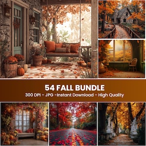 Può includere: Un collage di immagini a tema autunnale. Le immagini includono un portico con un'altalena, un cottage in pietra, una strada fiancheggiata da alberi e una scena di finestra. Il testo "54 FALL BUNDLE" è visualizzato.