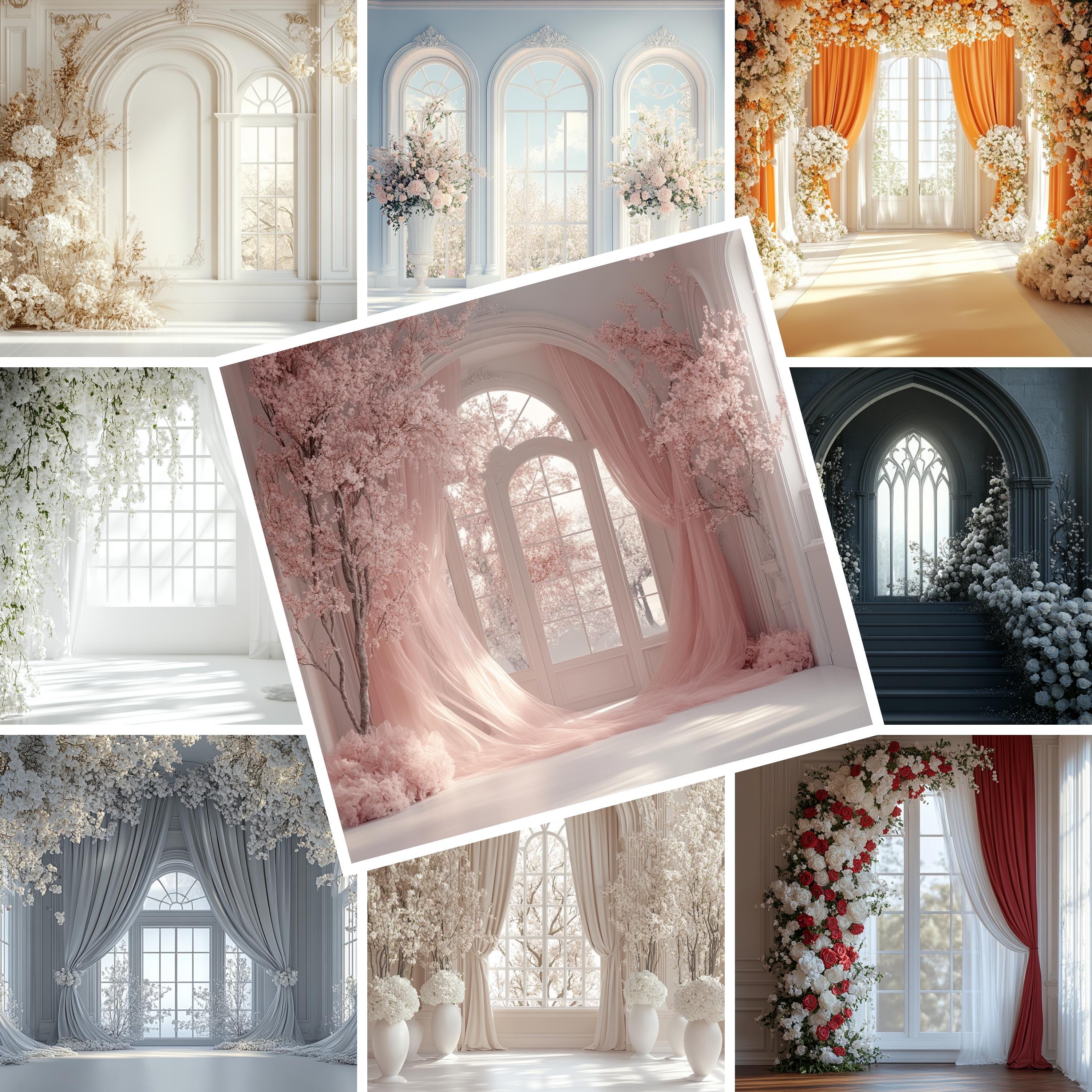 Modern Digital Window Backdrop With Flowers & Curtains | Maternity ...