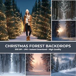 May include: A collection of Christmas forest backdrops. The image features a woman in a winter coat and hat, holding a coffee cup, standing in a path lined with Christmas trees decorated with lights. Additional images show snowy forest scenes.
