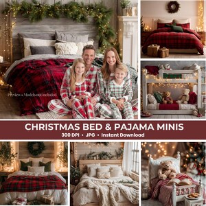 May include: A collage of Christmas-themed bedroom scenes. The main image shows a family in matching red plaid pajamas on a bed with a red plaid comforter. Other images show beds with red plaid bedding, a bunk bed with teddy bears, and a small bed with a teddy bear. Text: CHRISTMAS BED & PAJAMA MINIS.