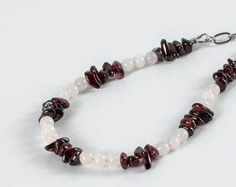 Garnet Bracelet | Rose Quartz Chips | Rhodium-Plated | January Birthstone Anniversary Couple Gift