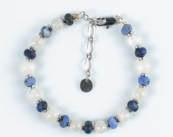 Moonstone Bracelet | Hematite Natural Gemstones | Rhodium-Plated | Christening Nana Godmother Gift