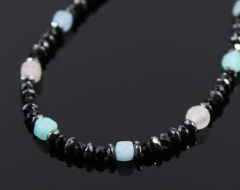 Rose Quartz Amazonite Necklace | Aquamarine Hematite | Rhodium-Plated Boho Gift