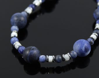 Sodalite Mother of Pearl Necklace | Hematite | Rhodium-Plated | Unique Boho Gift