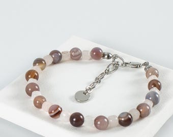 Rose Quartz Bracelet | Botswana Agate Natural Gemstones | Rhodium-Plated | Mama Grandma Gift