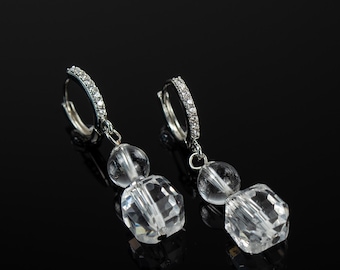 Rock Crystal Drop Earrings | Clear Quartz Hoop | Rhodium-Plated | Gift for Her
