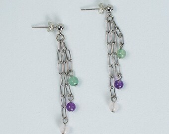 Triple Chain Gemstone Dangle Earrings – Aventurine Amethyst Rose Quartz | Handmade Boho Drop Studs